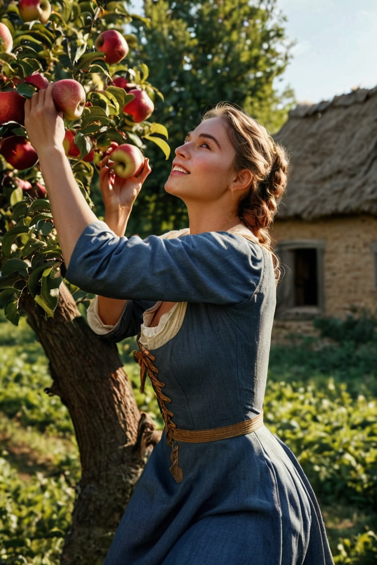 ((Best quality, 8k, 32k, masterpiece,RAW photo, (realistic, photo-realistic:1.3),best quality,highly detailed,masterpiece,ultra-detailed)), film still, close-up, 1girl, plucking apples from a tree, ((sweaty)), (elegantly dressed), medieval european, rural style, ((curvy)), high_quality, masterpiece, 4k, uhq,Masterpiece,village_girl, happy, amazing quality, wallpaper, analogue film grain, perfect facial skin , (hunky:1.6),(perfect anatomy, prefect hand,), 9 head body lenth, dynamic sexy pose, (artistic pose of awoman),(from_below:1.3), cinematic lighting,Extremely Realistic