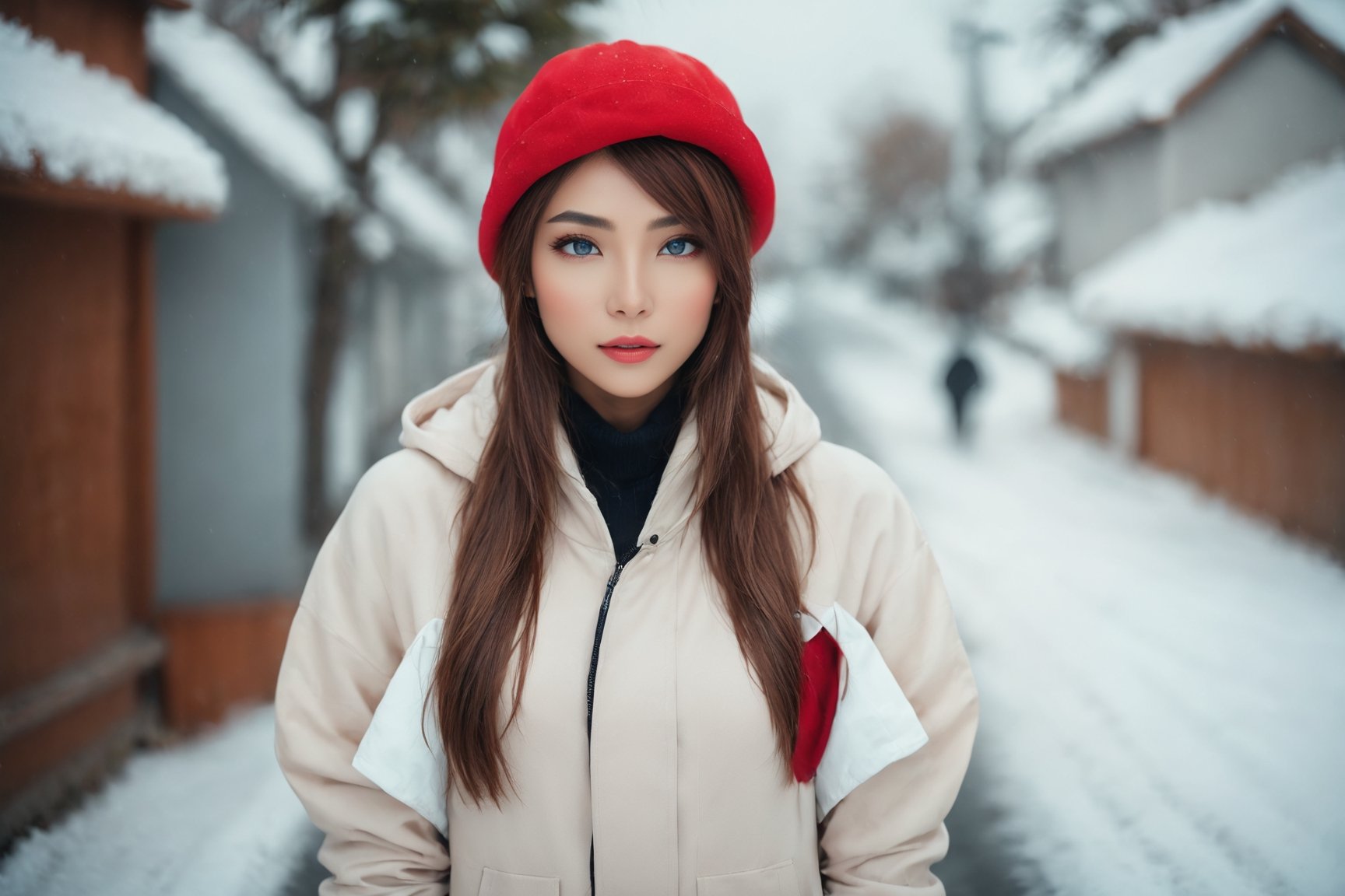 a pretty girl is walking sideway beside the road outside the house, snowing, wind blow, looking cozy, perfect eyes, perfect face, brown long hair, long leg, warm hat, nice white outfit, whole body look, season greeting wide background, 24mm, in Studio Ghibli Style 3D, Studio FF7 Style,dr24lina,aesthetic portrait,Wonder of Beauty,Slender body,koh_yunjung,Flat vector art,p3rfect boobs,b3rli,MikieHara,Vector illustration,Makeup,colorful,color art,color chaos,aotac,Mechanical part,'p3x3ls style photo'