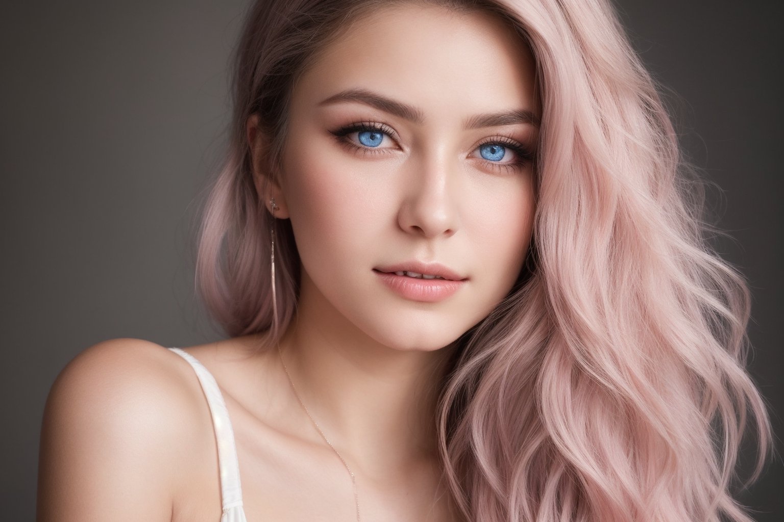 Create a close-up portrait of a young woman with a gentle expression and striking features. Her eyes are large and vividly blue, conveying a sense of warmth and friendliness. Her skin is flawlessly smooth, with a soft glow that suggests health and vitality. She has long, wavy hair in a vibrant shade of pastel pink color that cascades around her face and shoulders, perfect face, perfect eyes, creating a playful yet serene frame for her face. with white long dress, with full size of body. The lighting in the image is soft, with a subtle bokeh effect in the background that provides a dreamy atmosphere. Highlights in her hair catch the light, adding depth and dimension to the portrait. She is leaning on her hand, her face partially resting against her palm, giving the portrait an intimate and relaxed feel.,photo of perfecteyes eyes,wonder beauty ,perfecteyes eyes