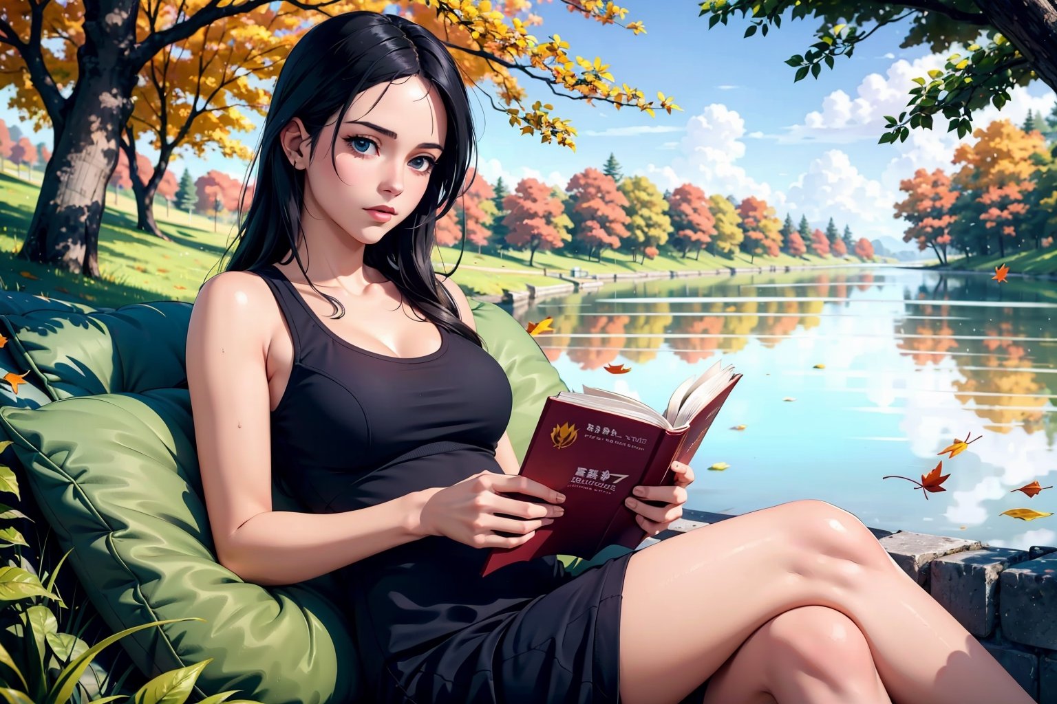 in front of the lake, a pretty girl sitting under the tree, reading book, perfect eyes, looking cozy, it is winding weather, falling leaves,  in studio ghibli style, FF7 style