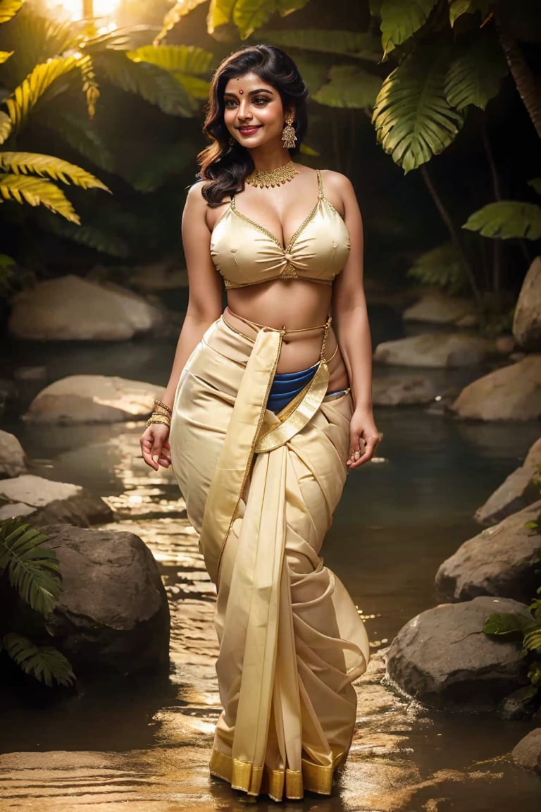 a woman with tight proper cotton folded satin sky saree nicely tied till thighs, a properly folded cotton breast band, tight saree,a confident look,  a light lipstick,  a round chest, cleavage,  standing in pose, ((Super-class beauty,  super-class sexy beauty)),  thigh, realistic image,  Long black blonde hair,  Beautifull girl,  beautifull face,  beautifull look,  detailed clothing,  high quality model,  smiling,  full body,  wild jungle view, sunny,  open waist, milf, slim curvy, healthy,  clean face, no shades in face, saree, bikini