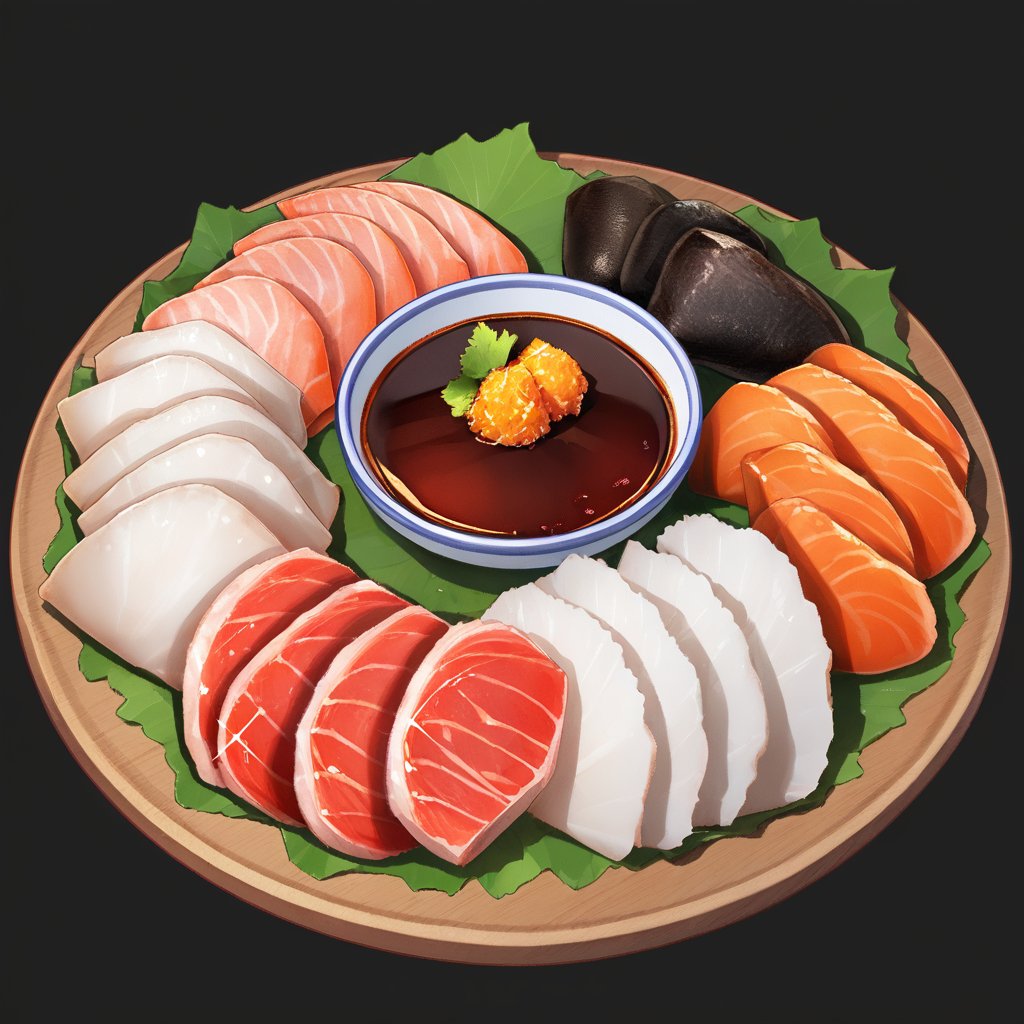 food_focus, no humans, game icon, black background, simple background, sashimi platter.The sashimi includes salmon with its signature orange hue, glistening white tuna, and bright red tuna pieces, all laid out on a traditional wooden serving board. Accompanying the sashimi are small mounds of wasabi and pickled ginger, along with a shallow dish of soy sauce. 
