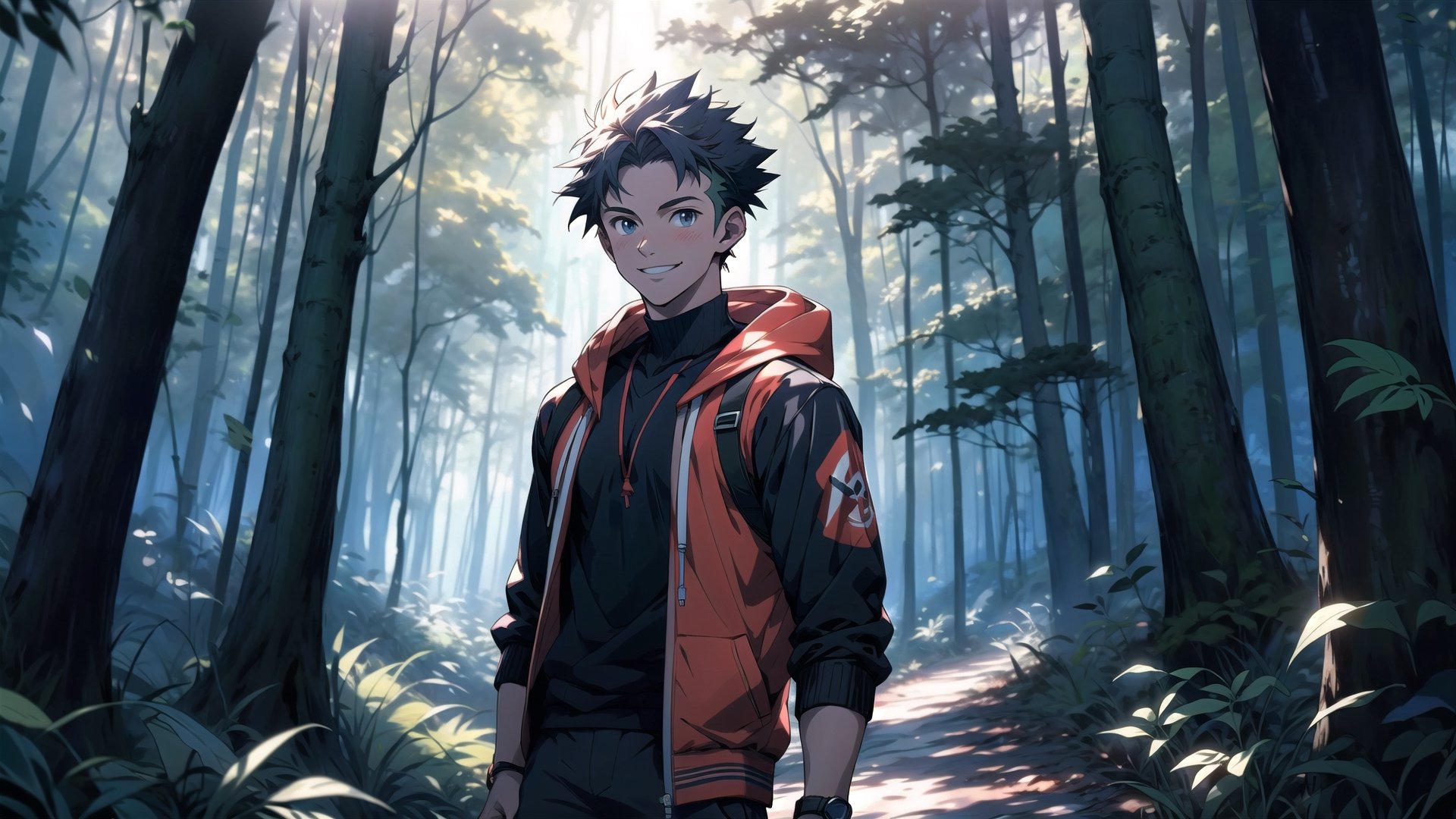 (pokemon),anime young guy,1man, manly,Standing in the forest,blurry background,nature, (sunlight), (forest), looking at me with a Smile, panoramic view, cinematic photo A handsome 18-year-old man wearing a hoodie jacket,long shot, cowboy shot