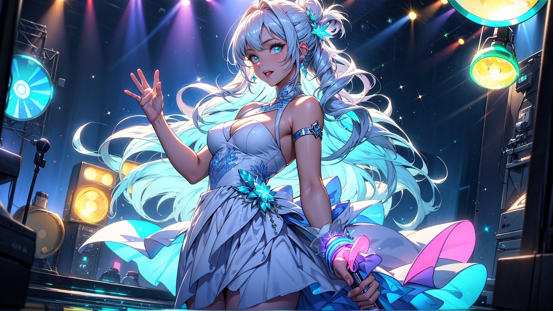 ((masterpiece)), ((best quality)), an artwork of a female singer performing at a concert, dressed in a white spectacular performance attire, holding a microphone and waving, Long hair, looking at viewer, (glow:1.2),(glow reflection hair:1.5),(Sparkling lighting:1.2), depth of field