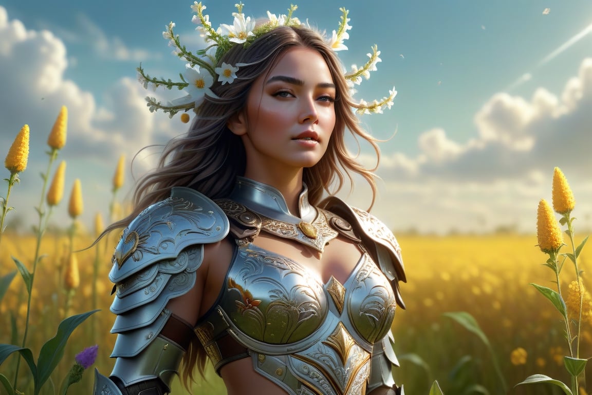 hyperrealistic full length portrait of gorgeous goddess | standing in field full of flowers | detailed gorgeous face!! | full body!! | skimpy armor | god rays | intricate | elegant | realistic | hyperrealistic | cinematic | character design | concept art | highly detailed | illustration | digital art | digital painting | depth of field