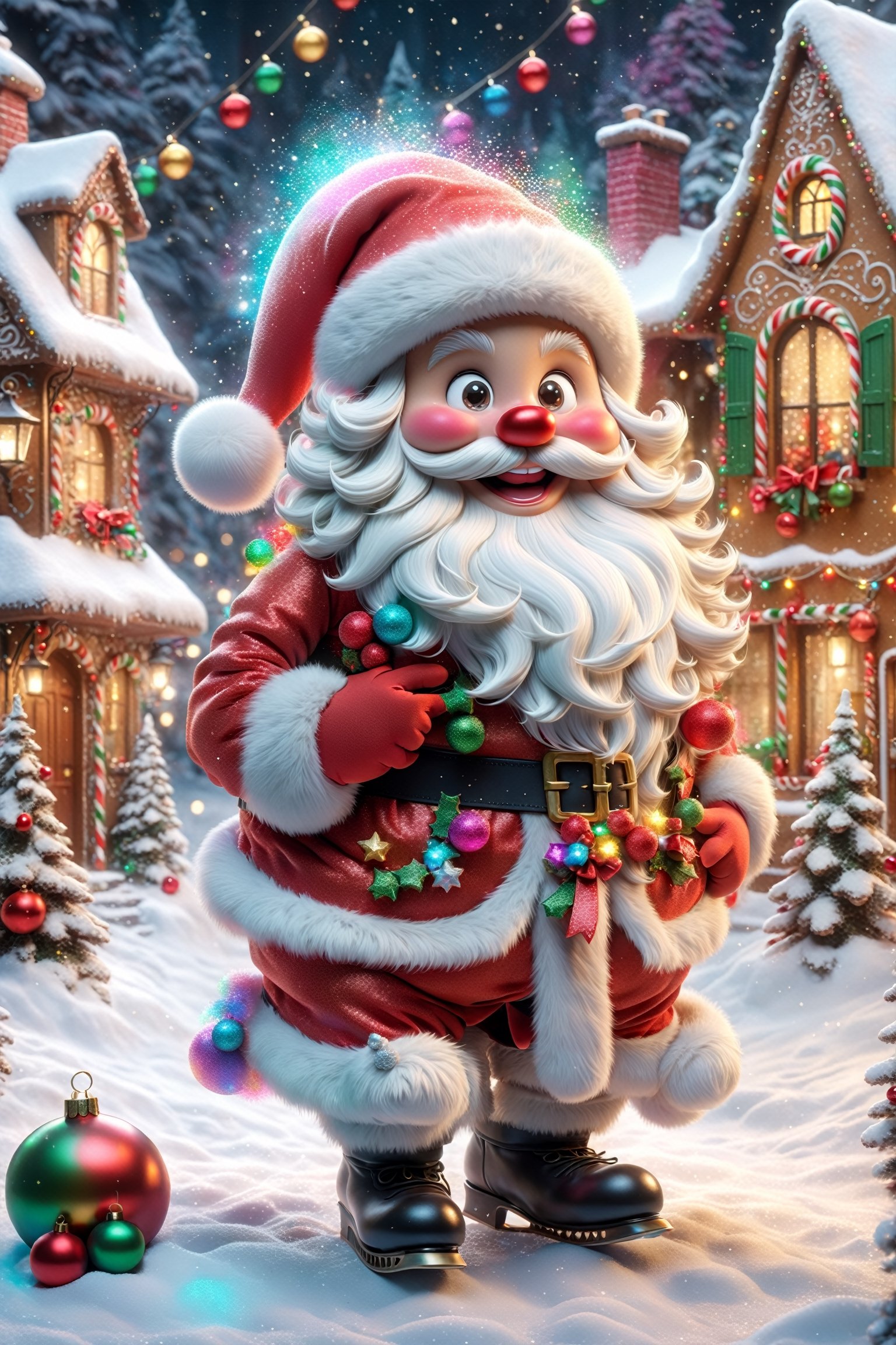 Santa's face, capturing every nuanced detail in extreme close-up. It illustrates Santa's weathered features, from the wrinkles around his cheerful eyes to the cascading snow-white beard. Highlight the pink blush on her cheeks and the warmth of her gaze, skating on ice, snowy background, a lot of nine, showing the iconic red hat placed on her head. Stunning illustration of a dancing Santa Claus in a rainbow dress of liquid colors flowing down, lots of snow on a Christmas street, retro city, gingerbread houses, splashes of liquid color, masterpiece, intricate details, highly detailed, high resolution . Use meticulous attention to detail, employing styles reminiscent of Kenzo, Yamamoto, and filmmaker cinematic aesthetics to reveal authenticity and character in Santa's expression. Use lighting techniques to accentuate textures, emphasizing the charm and timeless appeal of Santa's face in this intimate painting, image of Santa Claus and his elves decorating their home before the upcoming holidays. Add lots of bright garlands, cheerful balls, glittery ribbons and other festive decorations. Show a joyful and cheerful moment when the whole house is filled with the magic of Christmas!