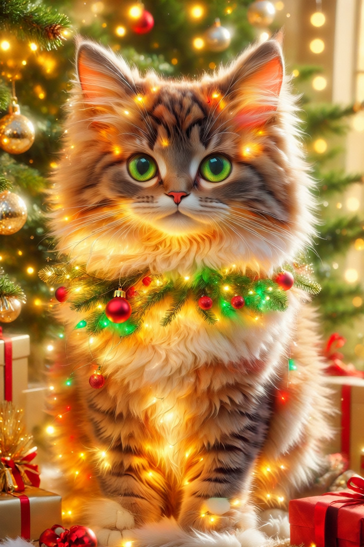 A cute cat with a Christmas tree behind, fluffy fur, adorable active eyes, playful paws, cozy sleeping place, soft whiskers, beautiful patterned fur, bright and expressive eyes, curious and playful nature, soft and graceful body, graceful movements and agile, [cat toys], [green garden background], [colorful sunlight filtering through the trees], [vibrant and cheerful atmosphere], (best quality, ultra-detailed), [soft lighting], realistic colors, [ bokeh]