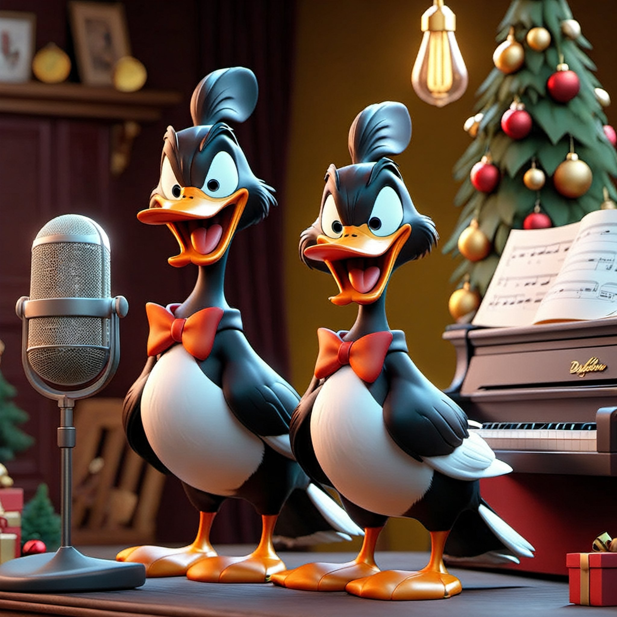 3D cinematographic film. (cartoon: 0.2). 4k, very detailed, Daffy Duck and Gallo Claudio are singing a beautiful aria in his music studio for Christmas,Warner Bros Style