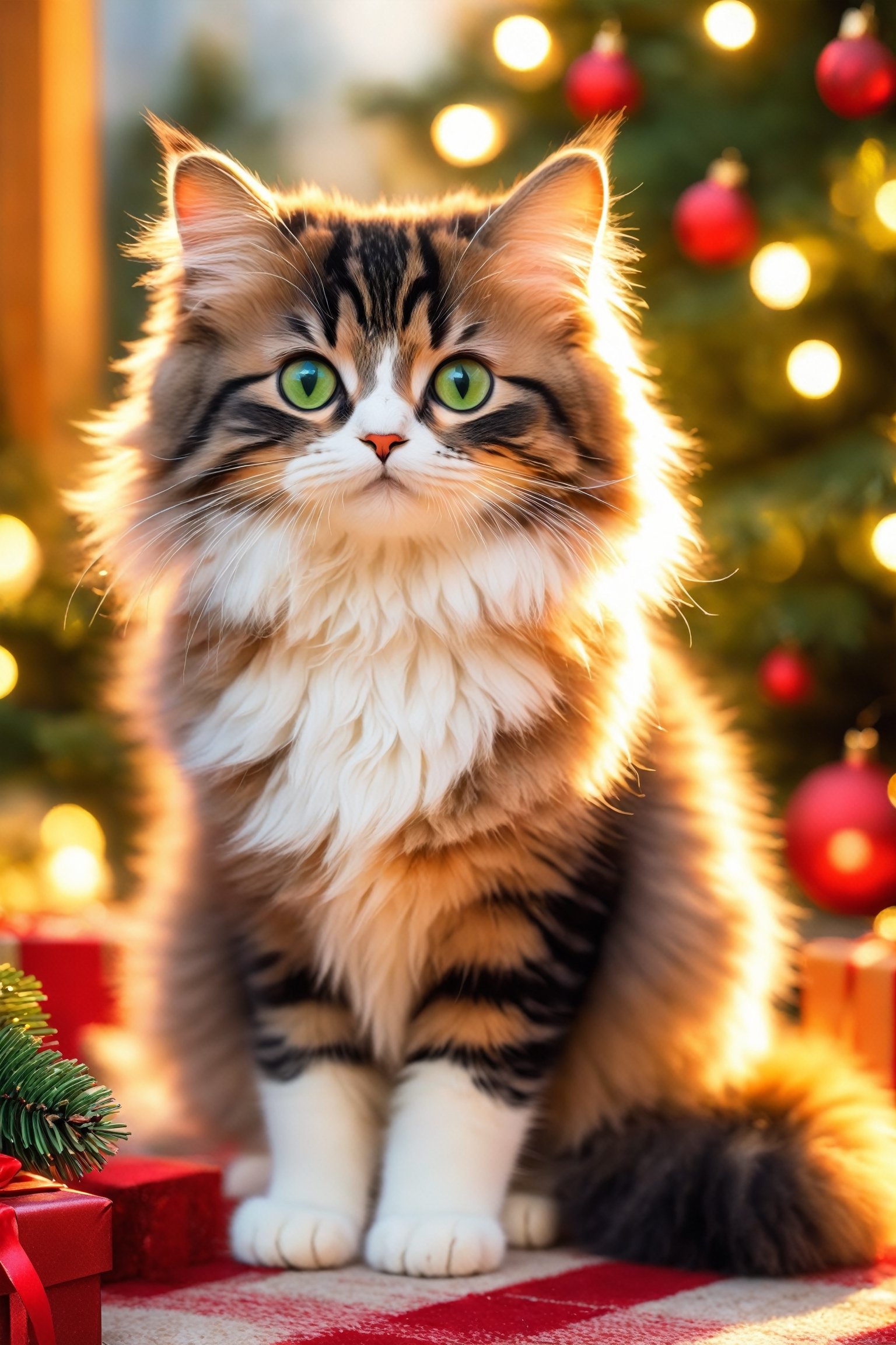 A cute cat with a Christmas tree behind, fluffy fur, adorable active eyes, playful paws, cozy sleeping place, soft whiskers, beautiful patterned fur, bright and expressive eyes, curious and playful nature, soft and graceful body, graceful movements and agile, [cat toys], [green garden background], [colorful sunlight filtering through the trees], [vibrant and cheerful atmosphere], (best quality, ultra-detailed), [soft lighting], realistic colors, [ bokeh]