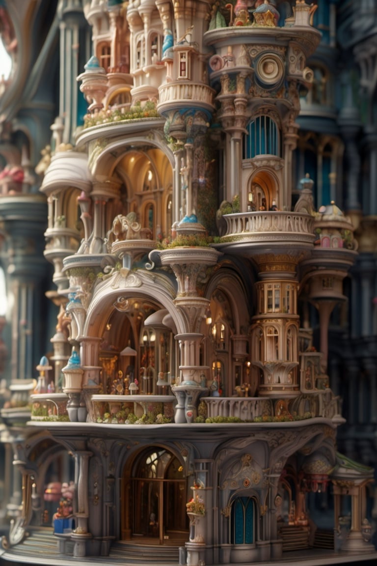 8k, highly detailed, toy shop in a empty fantasy vertical city at the end of time, masterpiece,Architectural100