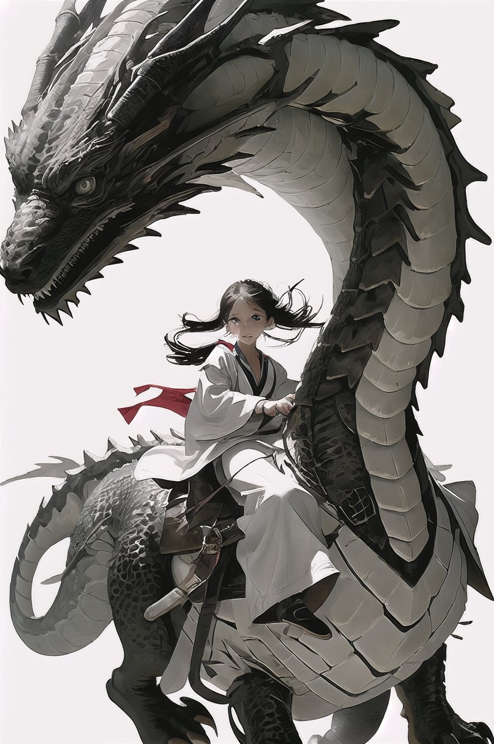 A young girl, dressed in a white outfit, riding the dragon,controlling it with the reins and the other hand holding a rifle.