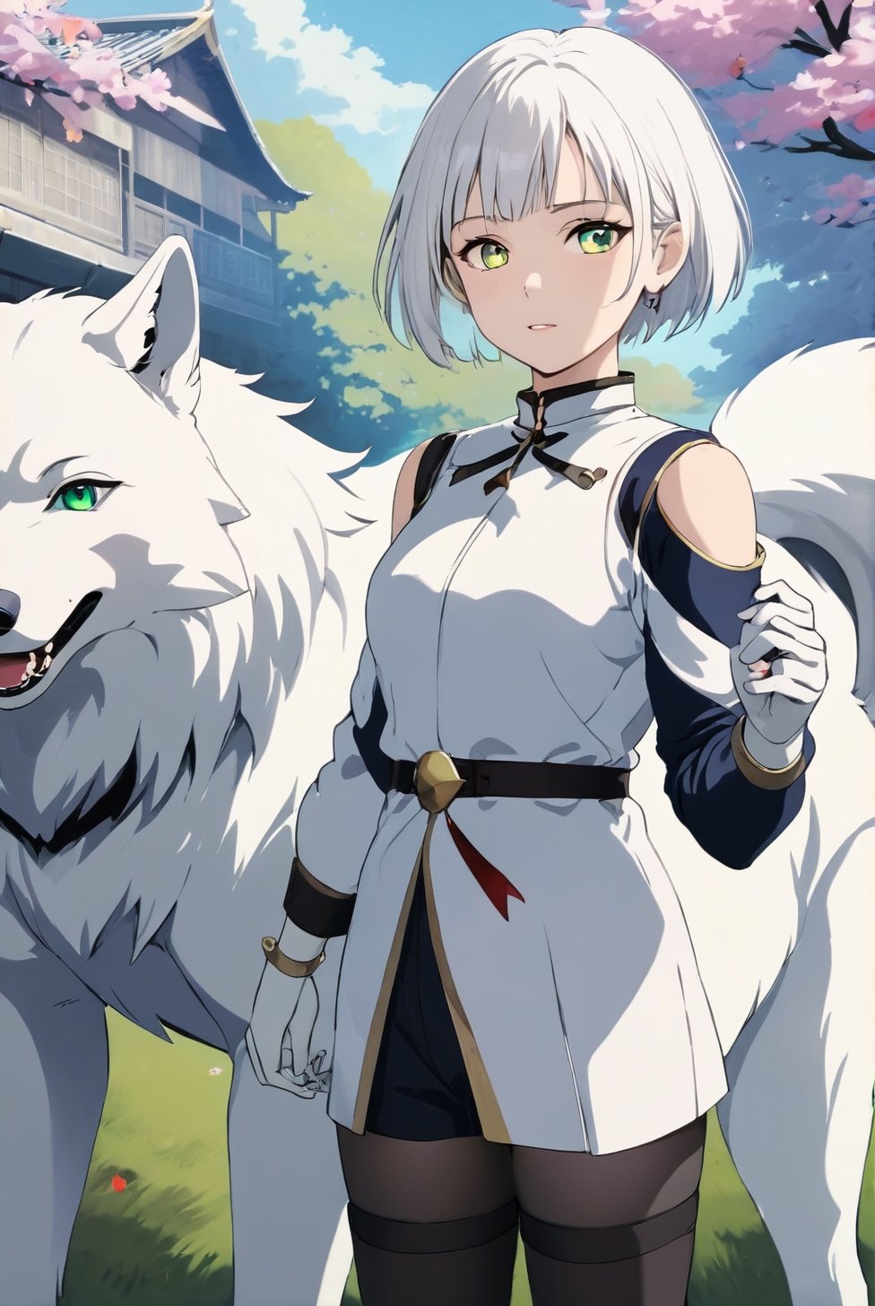 masterpiece, best quality, photorealistic, raw photo,
A beautiful girl with short white hair 新娘禮服 standing on the 遼闊的草原, 撫摸 a silver-white wolf . The sky was clear and sunny, and the grass was full of flowers of various colors.
