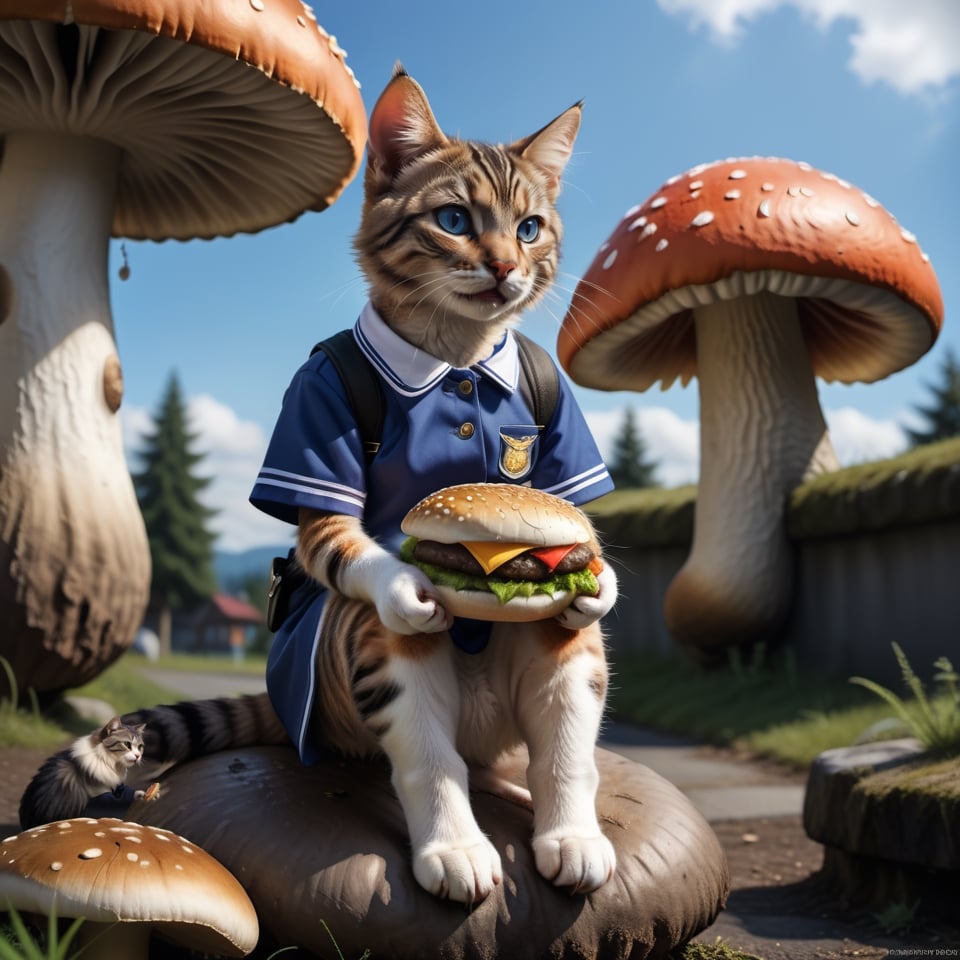 masterpiece, best quality, photorealistic, raw photo,one cute cat，put on the student uniform ,sit on big mushroom，eating hamburger , blue sky，fairy tale town,