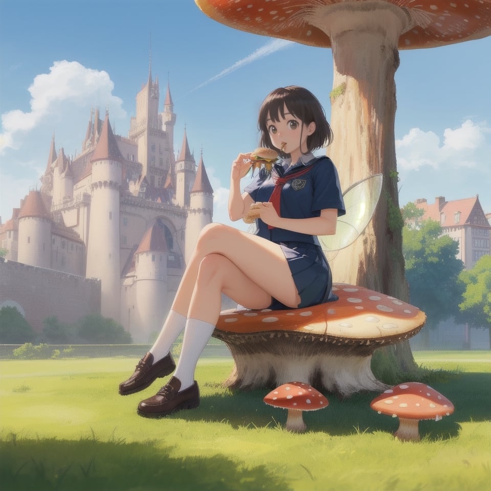 masterpiece, best quality, photorealistic, raw photo,one cute cat，put on the student uniform ,sit on big mushroom，eating hamburger , blue sky，fairy tale town,