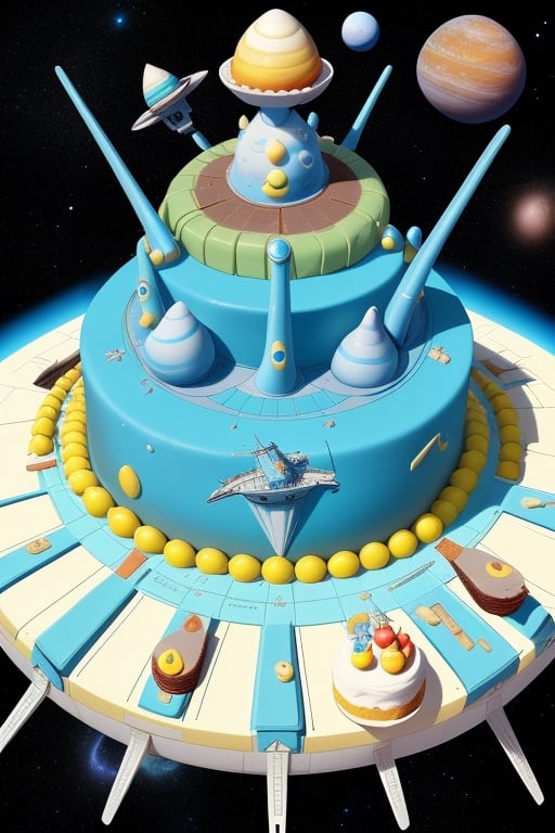 Alien spaceships are sailing in the universe, There are cake planet, banana planet, soda planet and so on around.