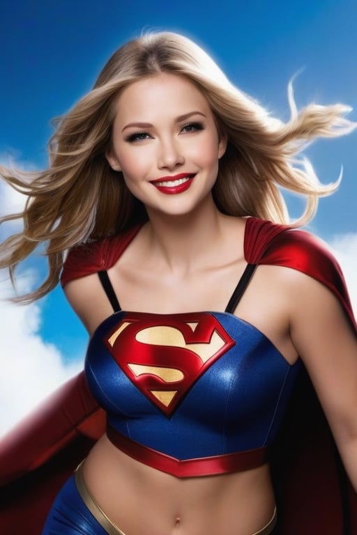 Supergirl, cleavage, flying, seductive smile, red lips, sky, cloudy atmosphere 