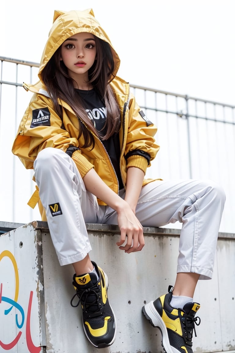 one cute girl in a yellow sports jacket with a hood