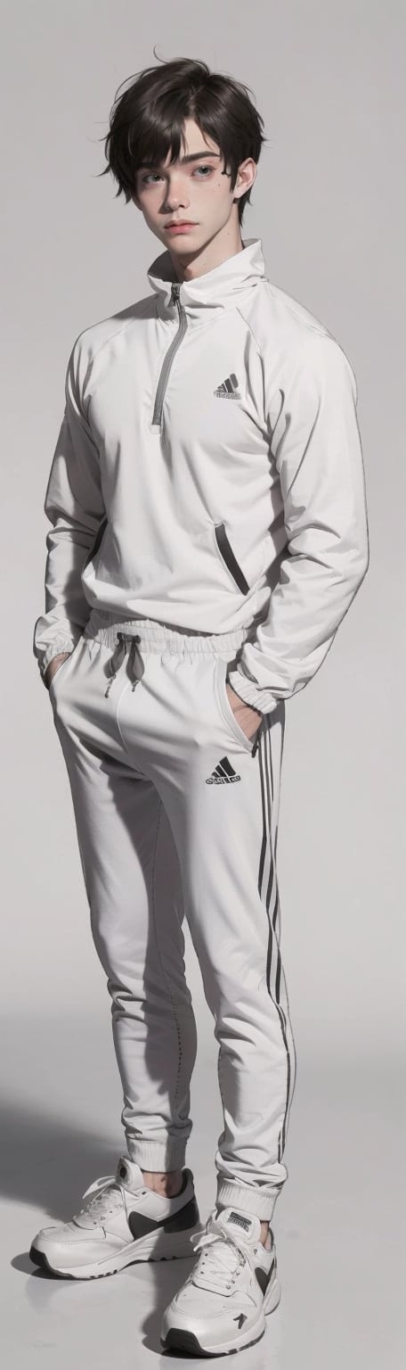 
1 boy, 17 years old, gray hair, short haircut, long white bangs, white jogging jacket, wearing white t-shirt, white windbreaker, white pants and sneakers, cute blond boy, monochrome, gray background, ellefanning-smf