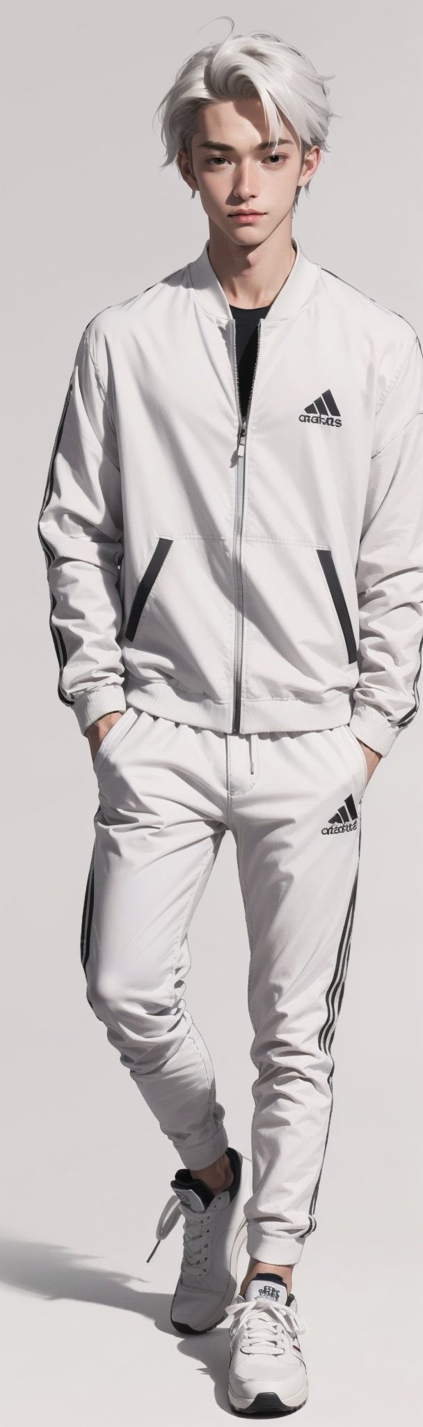 1 boy, 17 years old, white hair, long white bangs, trimmed wax, wearing a white T-shirt, a white windbreaker weather jacket, white pants and sneakers,cute blond boy,monochrome,gray background