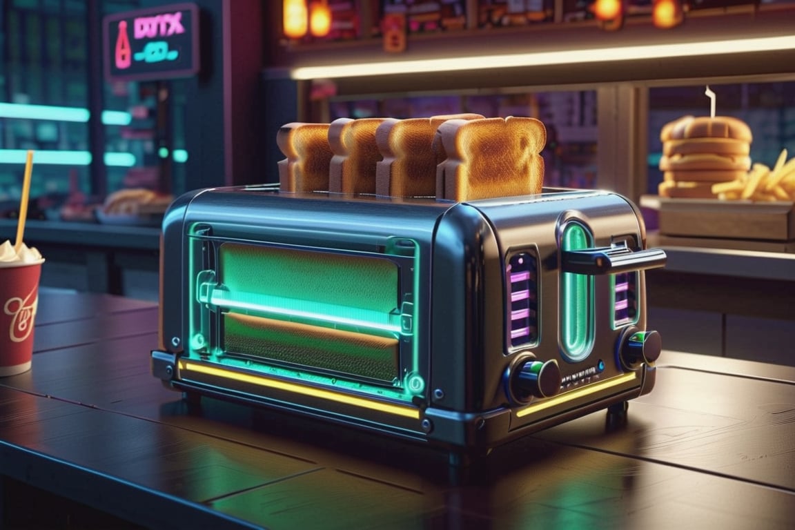 toaster detailed, toaster in fast food restaurant table, led lights, cyberpunk, futuristic, complex_background, dramatic award winning, cinematic lighting, volumetrics dtx, (bokeh, depth of field, interaction), (masterpiece), (extremely intricate:1.3), (realistic),cyberpunk style,CyberPunkAI