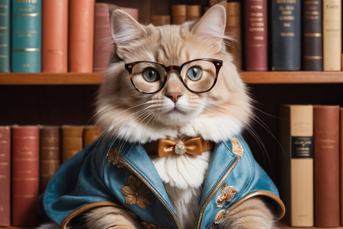 Envision an adorable and playful scene: A cat sits in front of a bookshelf, adorned with glasses and a vintage jacket, resembling an intellectual little princess