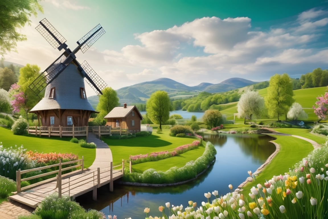 dreamlike installations, wide angle, photorealistic, professional photography, windmill, hills, green, spring, lake, trees, flowers, house, wooden bridge