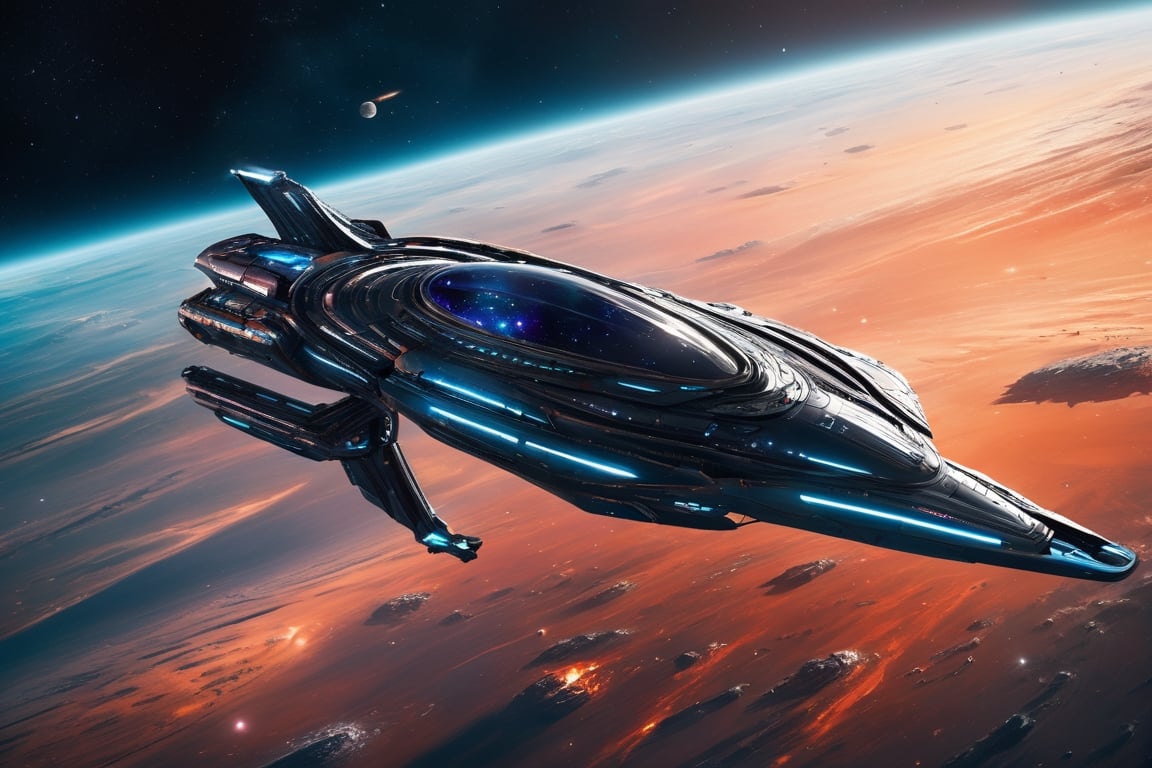 Generate a vivid and dynamic image of a spaceship inspired by The Expanse book series. Capture the essence of the advanced technology, intricate design, and the vastness of space. Incorporate the iconic elements from The Expanse universe, such as the Epstein Drive or recognizable faction insignias, while portraying a sense of scale and the awe-inspiring beauty of the cosmic backdrop.