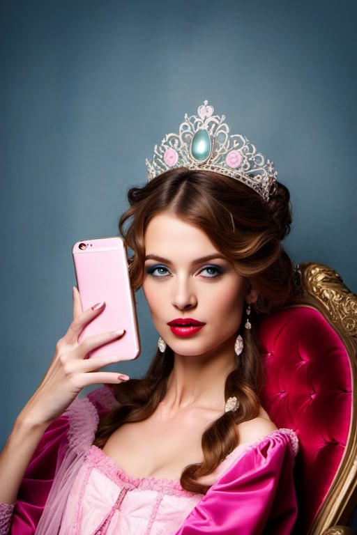 image of a beautiful princess, very beautiful face, half body, in renaissance costum, sitting in a louis 18 style armchair, taking selfie by a pink iPhone 15 high raised in her left hand. Apple's symbol. closeup photography, very detailed skin. dim light.