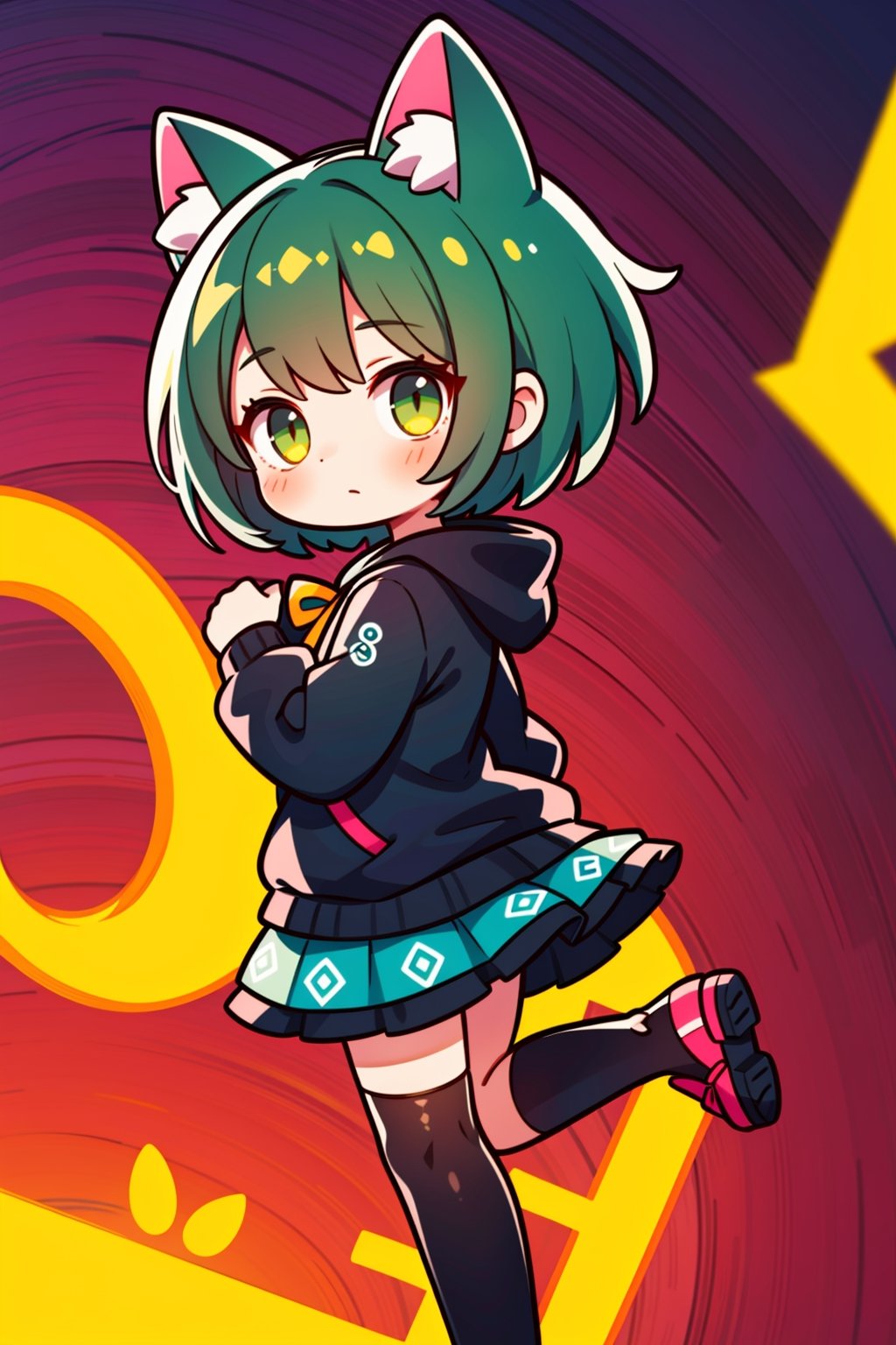 (best quality, 4k, 8k, highres, masterpiece:1.2), ultra-detailed, glowy ,4k,extremely delicate and beautiful art 2girl, epic background, 1girl, solo,short hair, black hair, combined hair, green hair, cat ears, bow, black hoodie, patterned skirt with tights, dark green eyes color, low glowing eyes