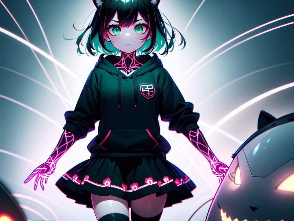 (best quality, 4k, 8k, highres, masterpiece:1.2), ultra-detailed, glowy ,4k,extremely delicate and beautiful art 2girl, epic background, 1girl, solo,short hair, (black green hair), ((split-color hair)), cat ears, bow,green striped thighhighs, black hoodie, patterned skirt, dark green eyes color, low glowing eyes, glowingveins