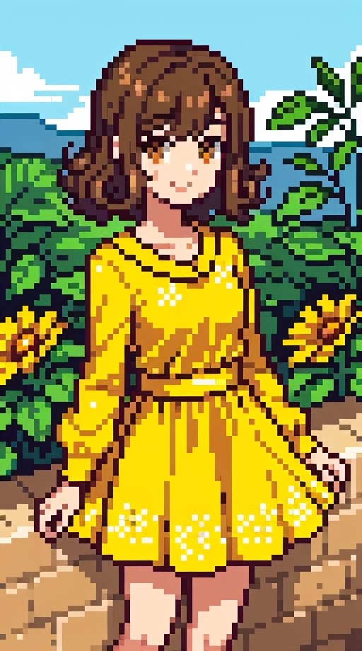 a beauty girl with short_curly 
year <20 years old>
brown_hair
curly_hair
small_body
smiling to viewer
dressed in a yellow dress with flower print,Pixel art
brown_eyes
scenary