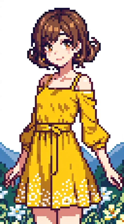 a beauty girl with short_curly 
year <20 years old>
brown_hair
very_curly_hair
small_body
smiling to viewer
dressed in a yellow dress with flower print,Pixel art
brown_eyes
scenary