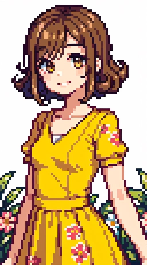 a beauty girl with short_curly 
year <20 years old>
brown_hair
curly_hair <2B>
small_body
smiling to viewer
dressed in a yellow dress with flower print,Pixel art
brown_eyes
scenary