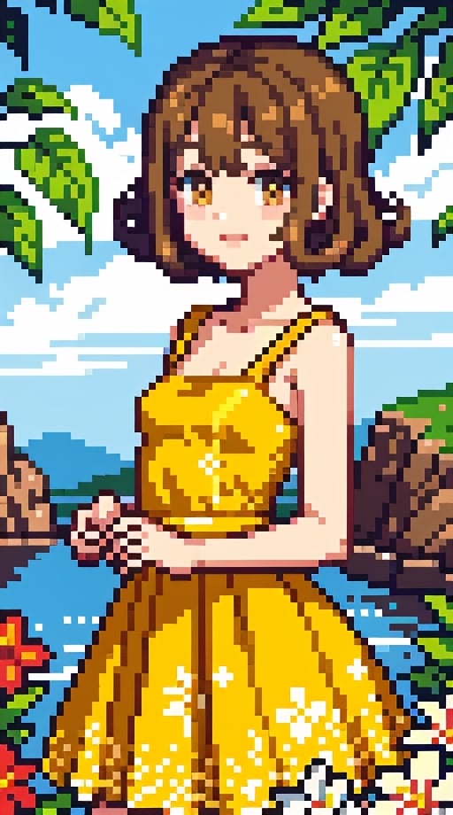 a beauty girl with short_curly 
year <20 years old>
brown_hair
curly_hair <2B>
small_body
smiling to viewer
dressed in a yellow dress with flower print,Pixel art
brown_eyes
scenary