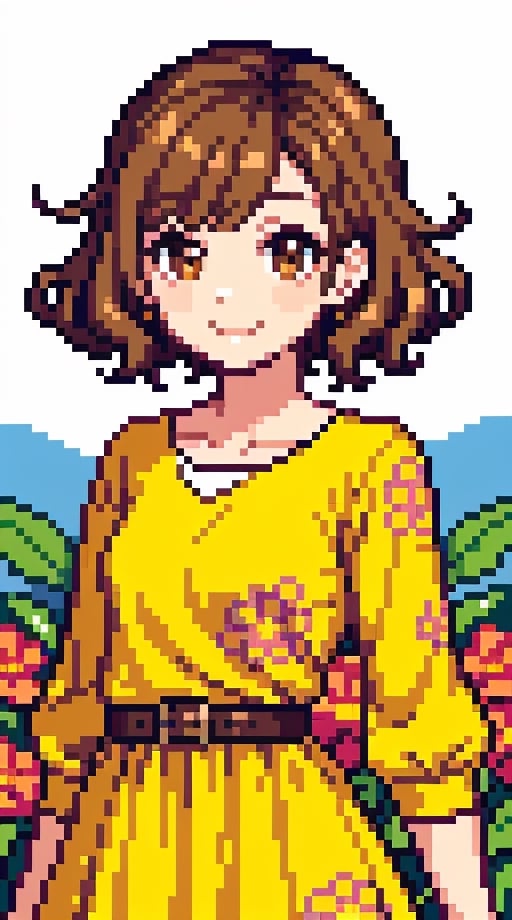 a beauty girl with short_curly 
year <20 years old>
brown_hair
curly_hair
small_body
smiling to viewer
dressed in a yellow dress with flower print,Pixel art
brown_eyes
scenary