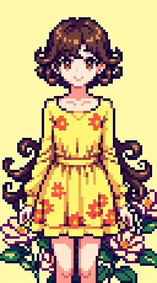 a beauty girl with short_curly 
year <20 years old>
brown_hair
curly_hair
small_body
smiling to viewer
dressed in a yellow dress with flower print,Pixel art
brown_eyes
scenary