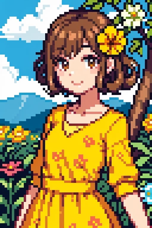 a beauty girl with short_curly 
year <20 years old>
brown_hair
curly_hair <2B>
small_body
smiling to viewer
dressed in a yellow dress with flower print,Pixel art
brown_eyes
scenary