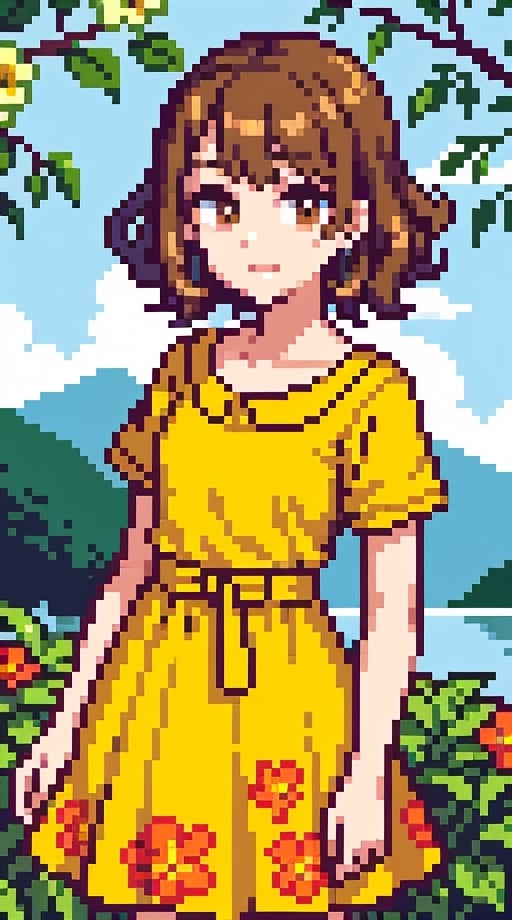 a beauty girl with short_curly 
year <20 years old>
brown_hair
very_curly_hair
small_body
smiling to viewer
dressed in a yellow dress with flower print <short sleeves dress
>,Pixel art
brown_eyes
scenary