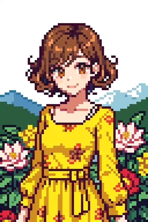 a beauty girl with short_curly 
year <20 years old>
brown_hair
curly_hair <2B>
small_body
smiling to viewer
dressed in a yellow dress with flower print,Pixel art
brown_eyes
scenary