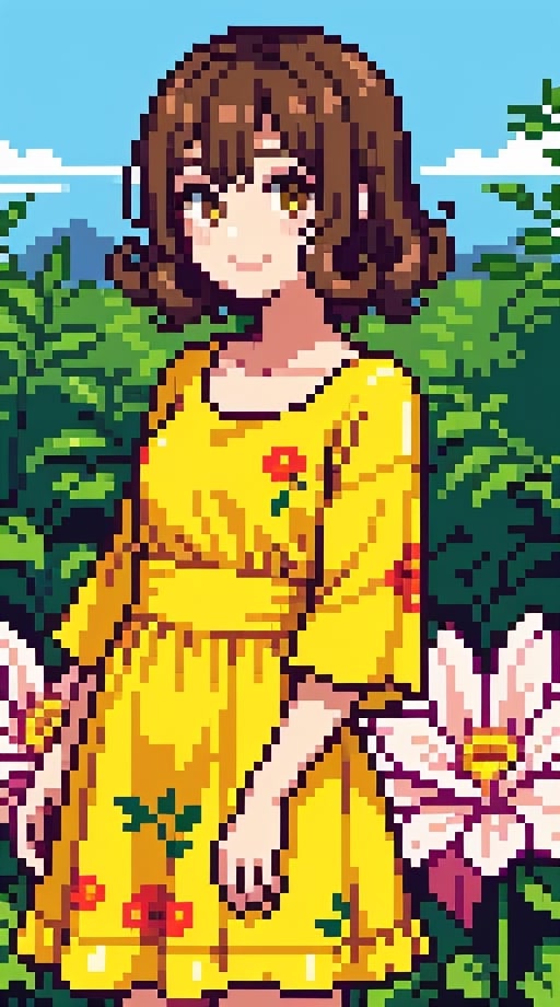 a beauty girl with short_curly 
year <20 years old>
brown_hair
curly_hair <2B>
small_body
smiling to viewer
dressed in a yellow dress with flower print,Pixel art
brown_eyes
scenary