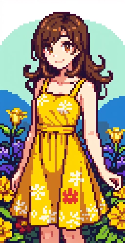 a beauty girl with short_curly 
year <20 years old>
brown_hair
curly_hair
small_body
smiling to viewer
dressed in a yellow dress with flower print,Pixel art
brown_eyes
scenary