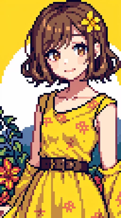 a beauty girl with short_curly 
year <20 years old>
brown_hair
very_curly_hair
small_body
smiling to viewer
dressed in a yellow dress with flower print,Pixel art
brown_eyes
scenary