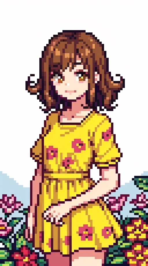 a beauty girl with short_curly 
year <20 years old>
brown_hair
curly_hair
small_body
smiling to viewer
dressed in a yellow dress with flower print,Pixel art
brown_eyes
scenary