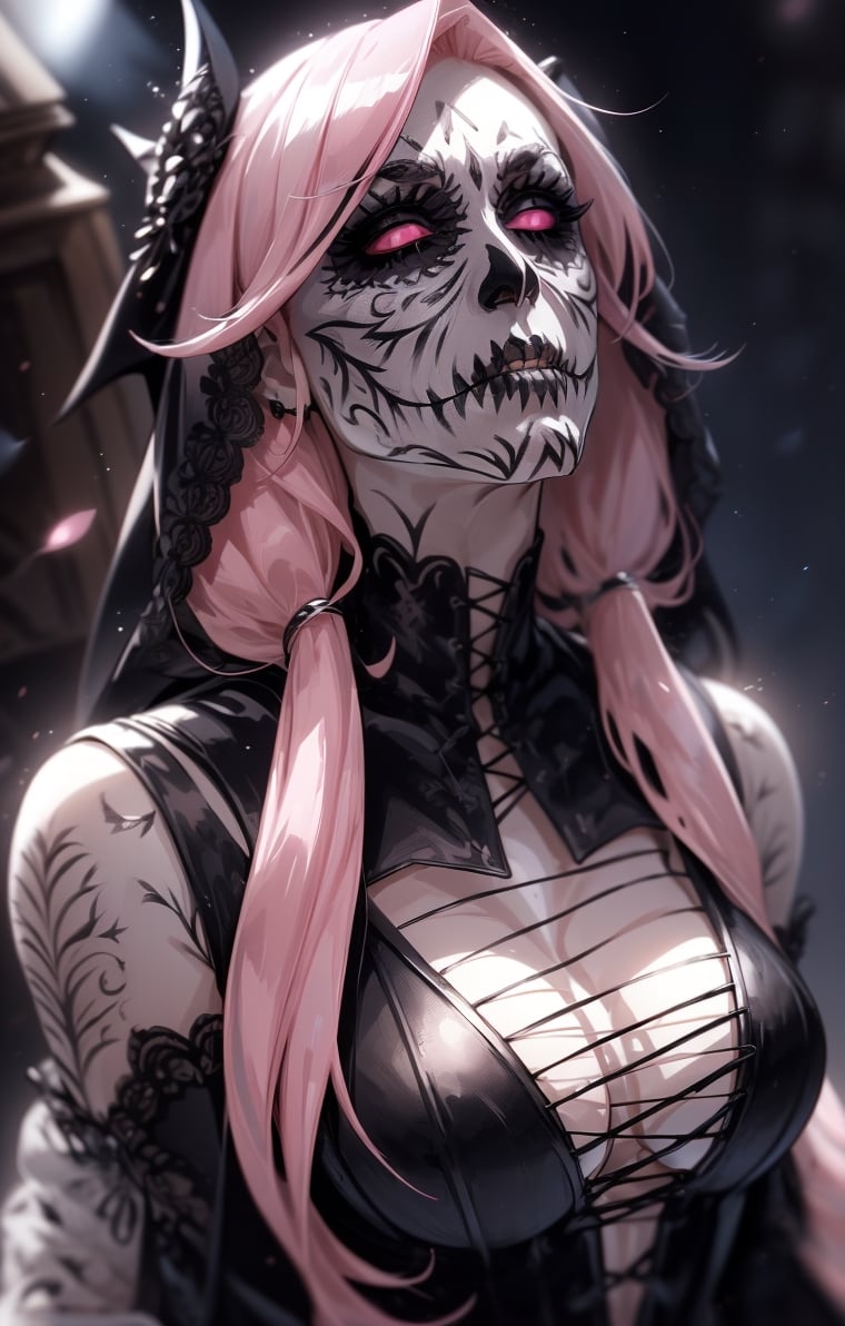 (((long pink-hair:1.3))),(longhairstyle:1.4), (pink eyes:1.3), ((1 mature woman)), (busty), large breasts, best quality, extremely detailed, HD, 8k, (evil face), (evil eyes), ((cemetery background)), (black long gothic dress,thigh-high boots)), (((corpse_paint:1.3))), death_metal, black_metal,thedeath,1 girl,CARTOON_MARVEL_mistress_death_ownwaifu