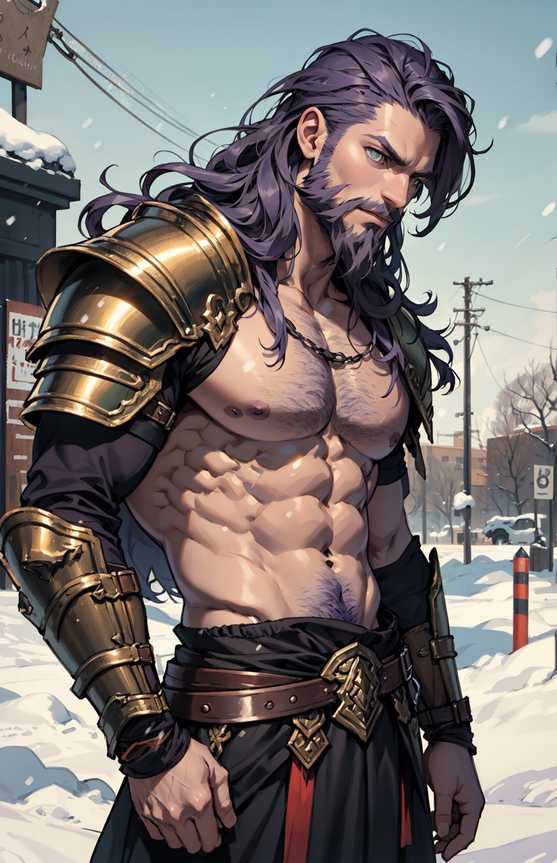 ((viking armor)), (((purple long hair:1.3))), ((beard:1.3)), ((gray-green_eyes)), ((1 mature man)), (muscular male), ((male focus)), best quality, extremely detailed, HD, 8k, pectoral lift, pectorals, 1boy, Sexy Muscular,Male focus, abs, ab_lines, fit, muscular_body, Muscular, ,marb1e4rmor, (snow battle field background), 33yo