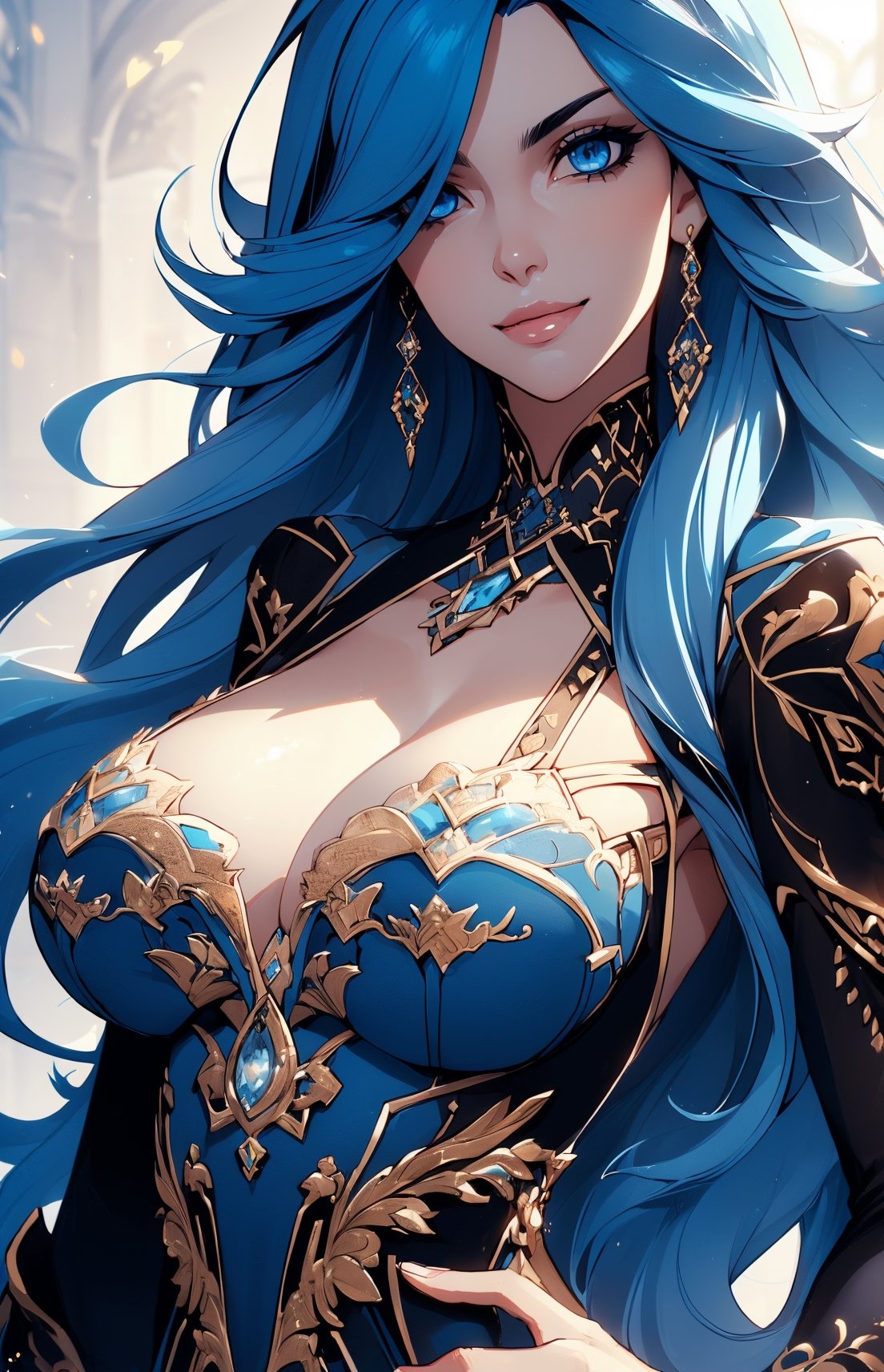 (((long blue_hair:1.3))), (blue eyes:1.3), ((1 mature woman)), (busty), large breasts, best quality, extremely detailed, HD, 8k, (sexy smile), (evil eyes), ((Fantasy background))