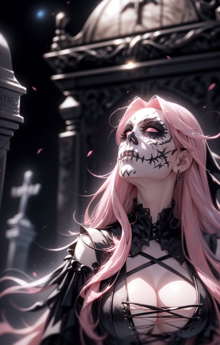 (((long pink-hair:1.3))),(longhairstyle:1.4), (pink eyes:1.3), ((1 mature woman)), (busty), large breasts, best quality, extremely detailed, HD, 8k, (evil face), (evil eyes), ((cemetery background)), (black long gothic dress,thigh-high boots)), (((corpse_paint:1.3))), death_metal, black_metal,thedeath,1 girl,CARTOON_MARVEL_mistress_death_ownwaifu