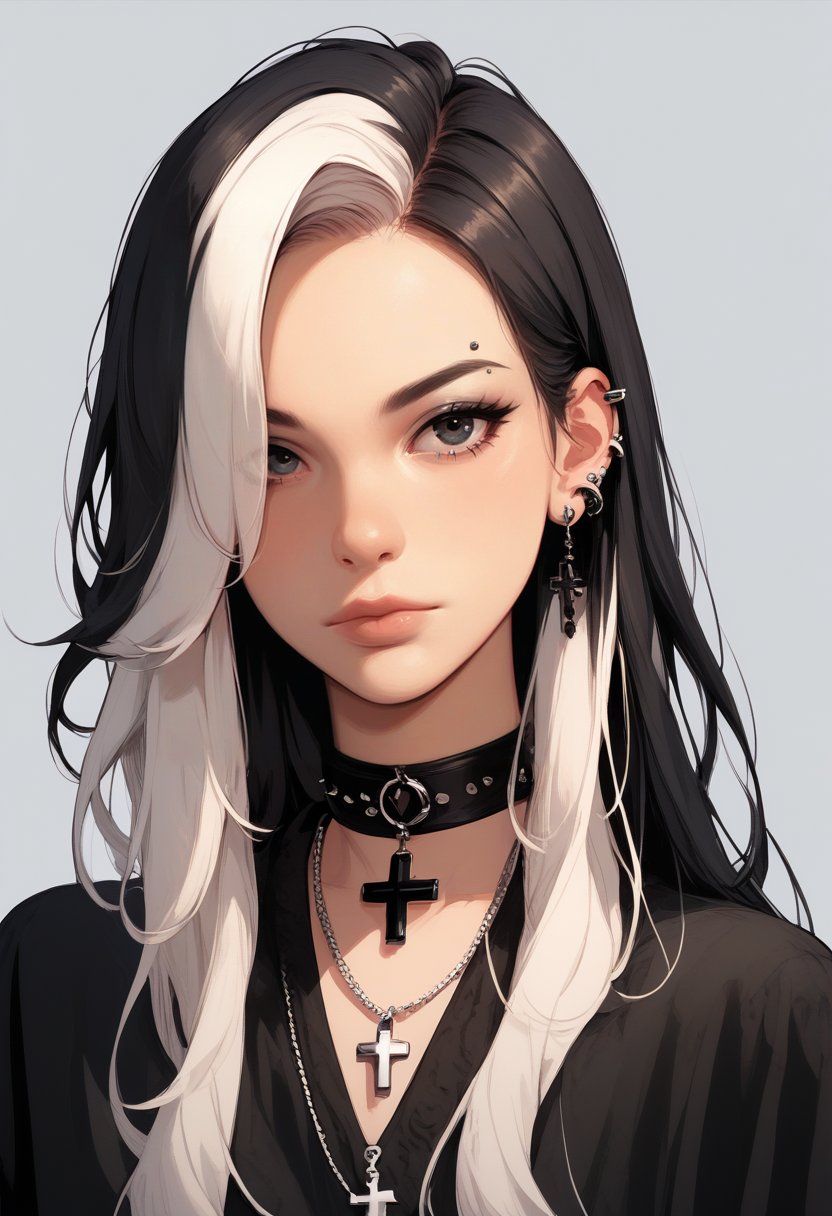 score_9, score_8_up, score_7_up, Goth girl, Goth girl 1girl 1girl,solo,long hair,looking at viewer,simple background,black hair, jewelry,white hair,multicolored hair,choker,black eyes,grey background,necklace,(hair over one eye),two-tone hair,cross,portrait,
