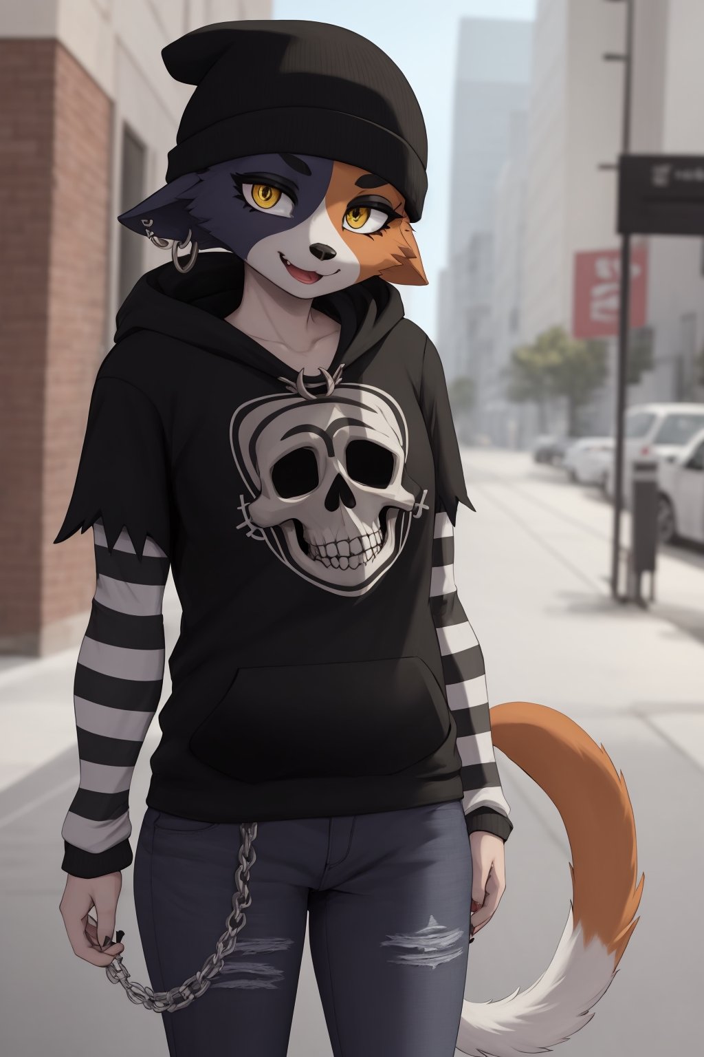 masterpiece, best quality, facial portrait of a female anthro meow skull, detailed face, detailed eyes,  cropped pupils, happy, detailed , [smile, [spiked necklace], standing, standing, looking at the viewer, outside, neighborhood in the background, coquettish expression, somewhat large thighs,posing, Winking eye,beanie,amber/yellow eyes,black eyeshadow,cat ears,fish hook piercing,black hoodie,striped sleeves,necklace,bandolier,black jeans, torn jeans,wallet chain,cat tail,meowskulls