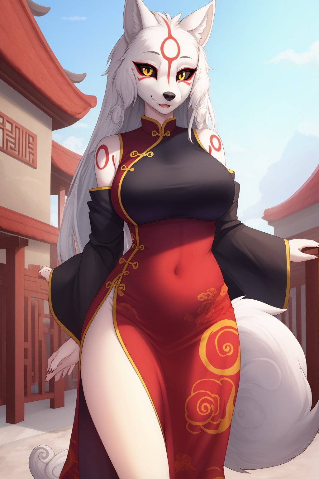 masterpiece, best quality, facial portrait of a female anthro amaterasu, detailed face, detailed eyes, cropped pupils, happy, tight slited chinese dress, tight and detailed slited chinese dress, [smile, standing, standing, looking at the viewer, outside, neighborhood in the background, coquettish expression, somewhat large thighs,posing, Winking eye,amaterasu, wolf girl,white body/furred markings/tattoo,black sclera, yellow eyes,tuft, shoulder tuft, leg tuft, ink brush tail